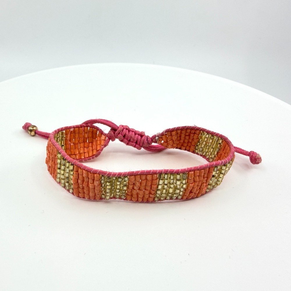 VTG Loom Seed Bead Cuff Bracelet Orange Gold Metallic Pink Adjustable